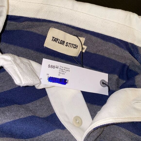 Taylor Stitch The Heavy Bag Rugby in Navy Stripe Collared Henley Shirt Size S/38 - Picture 3 of 7